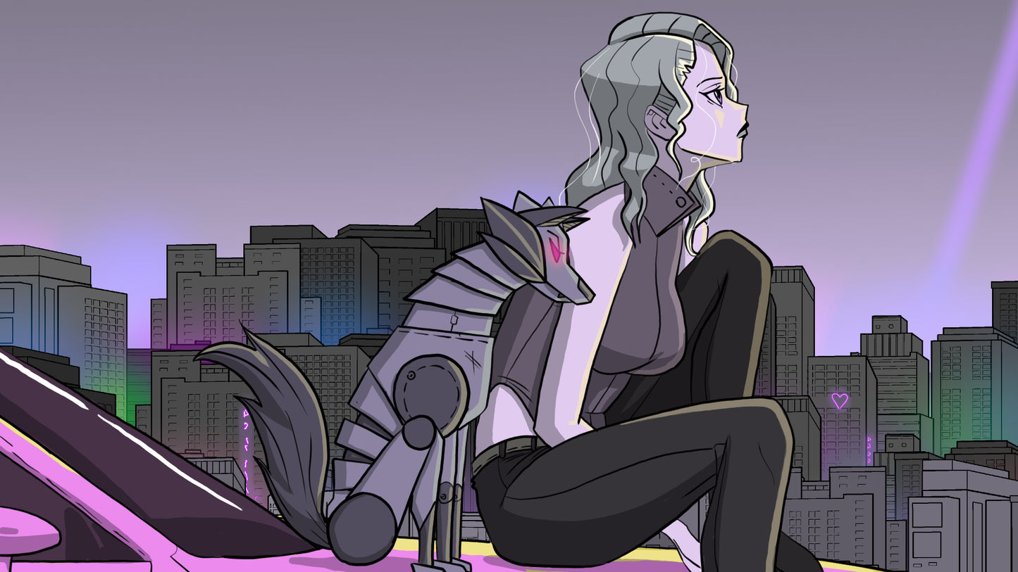 A girl that races cars in a furute cyberpunk world with her robot dog