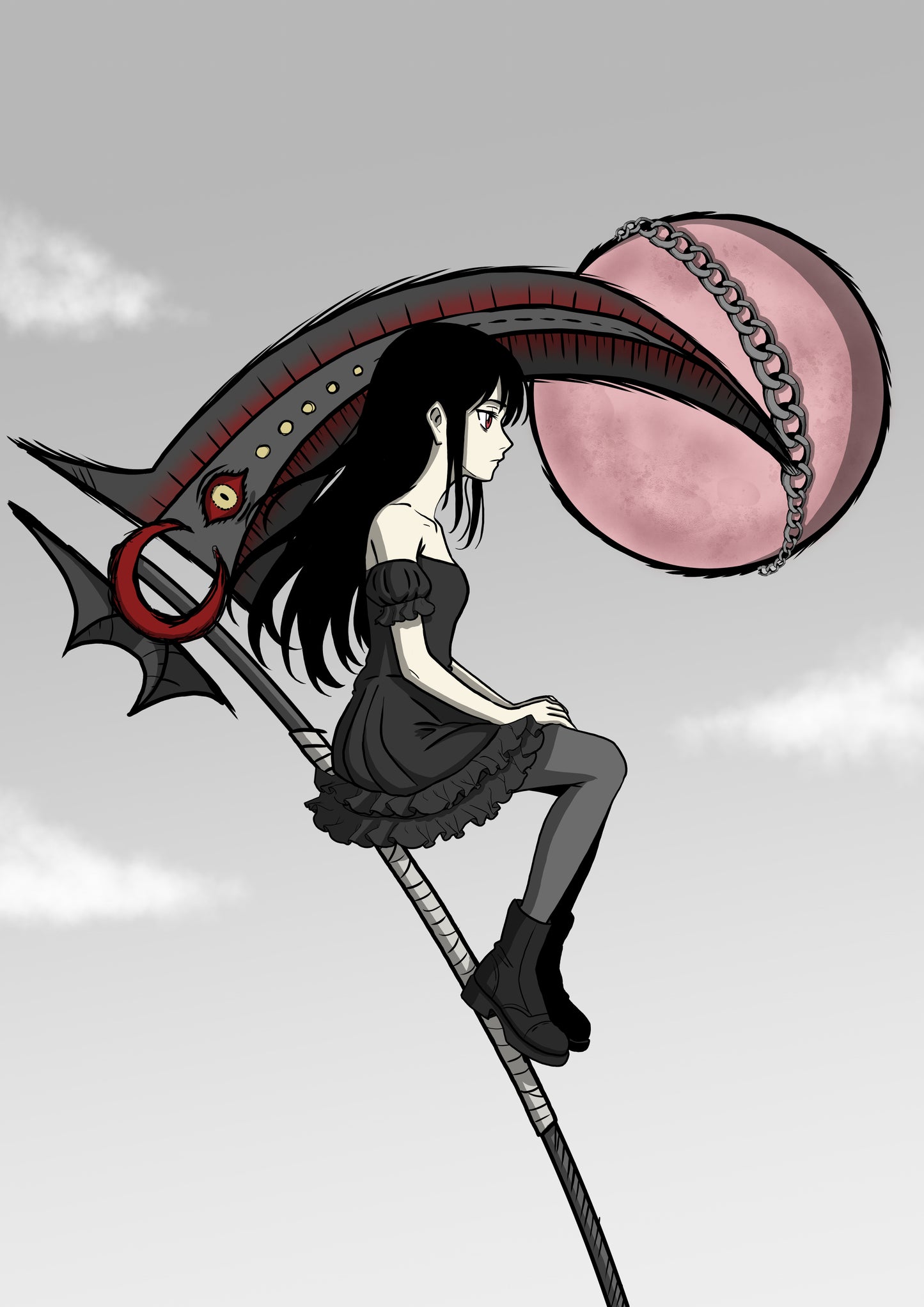Goth girl sitting on her sythe during a blood moon and the moon has a chain around it