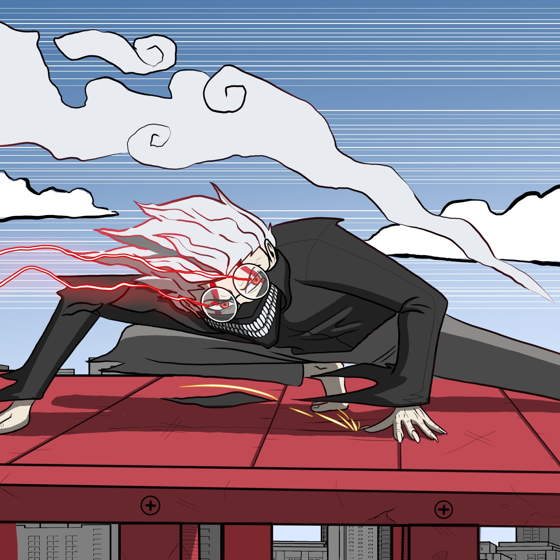 Okarun dandadan sliding on a red crane