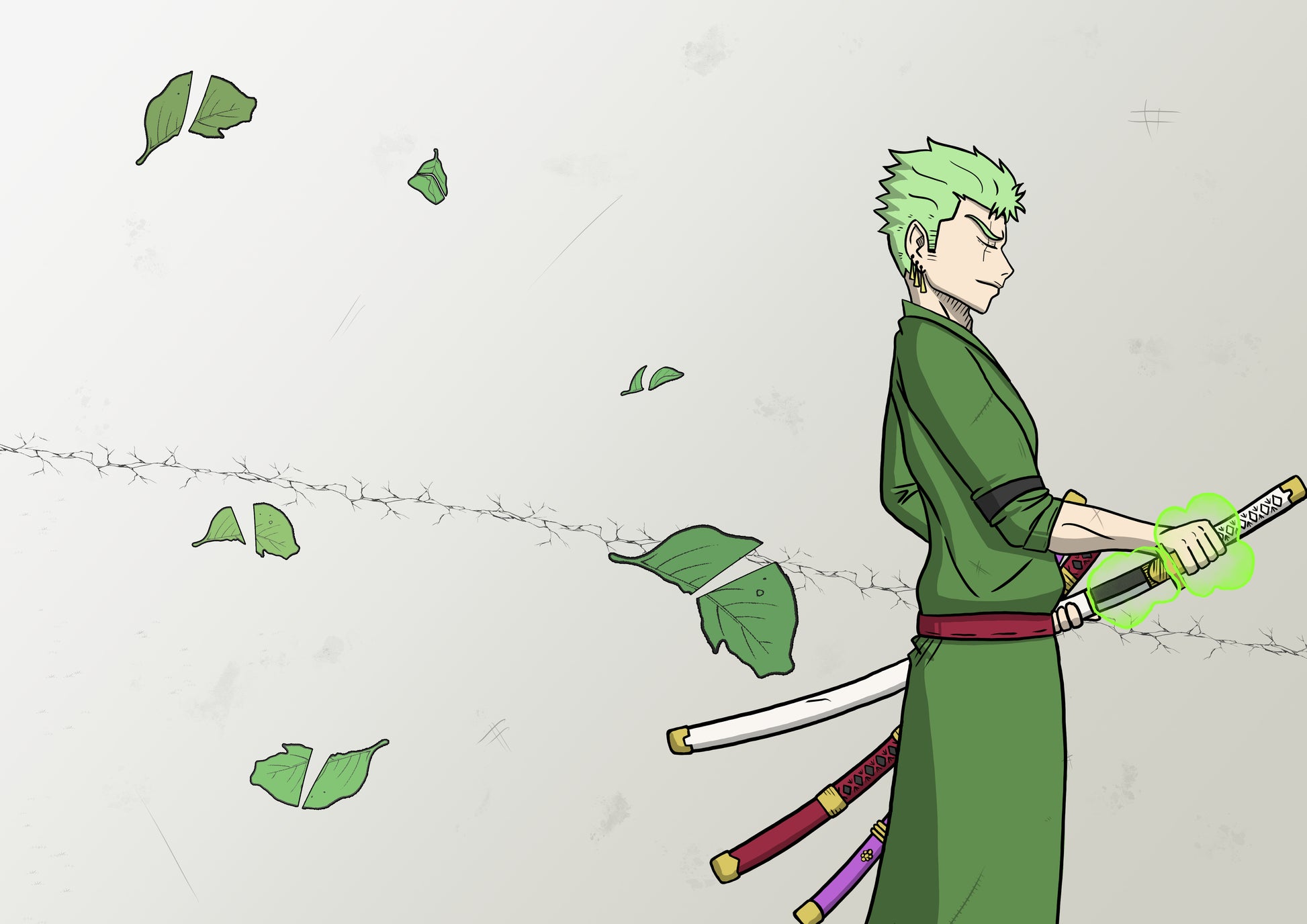 Zoro from one piece after making a slice that cut rough leafs