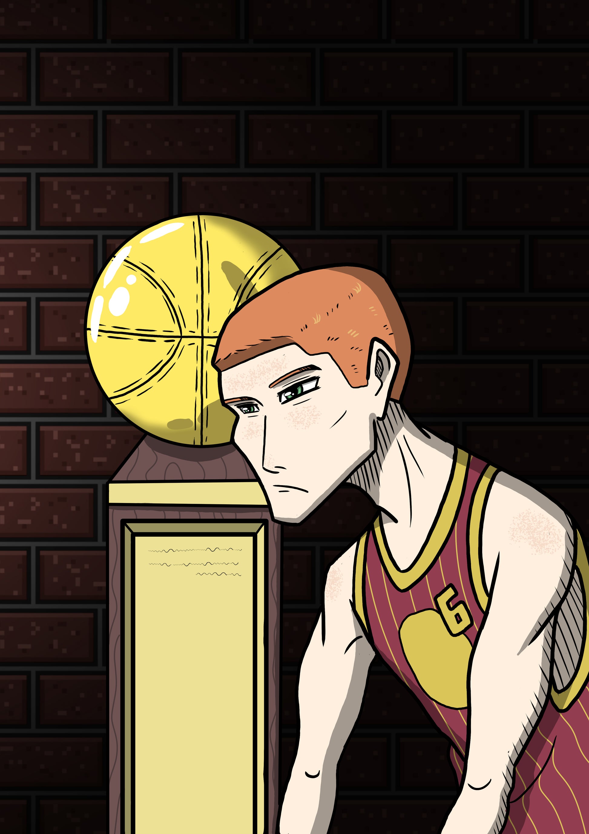 Баскетболен аниме герой изглежащ напрегнат преди мач старата купа на отбора му е зад него