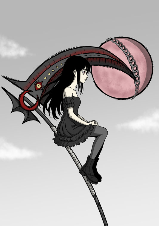 Goth girl sitting on her sythe during a blood moon and the moon has a chain around it