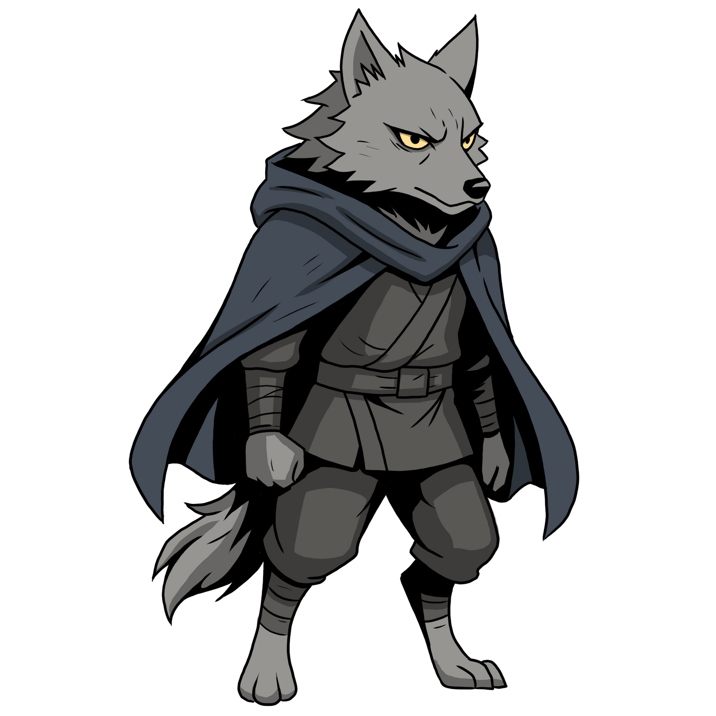 Anime wolf character with dark gray hair, dark blue cloak, black ninja outfit. chibi style