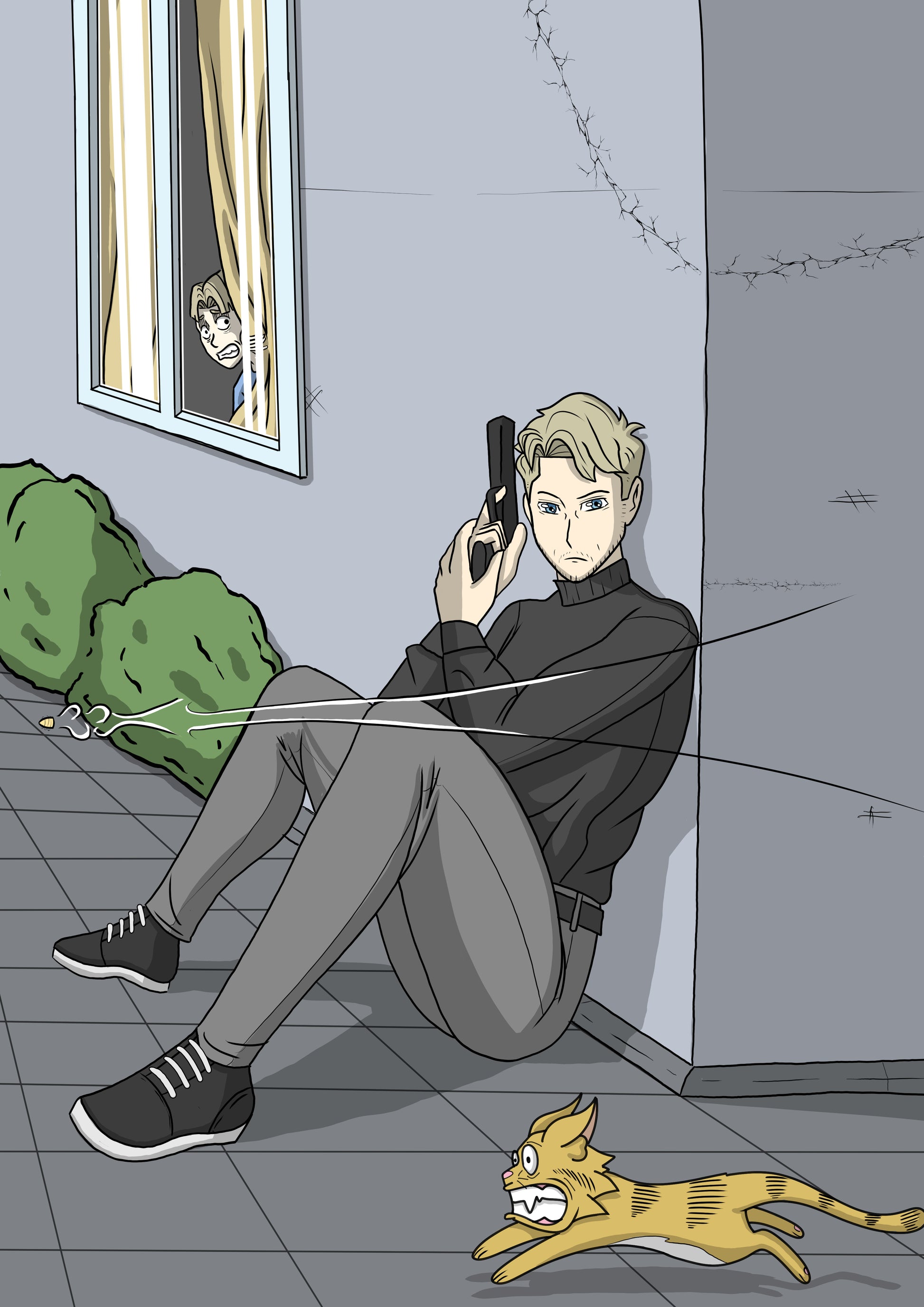 A spy during a shoot out. A cat is running away for its life and a scared bou is peaking through the window to see wats happening