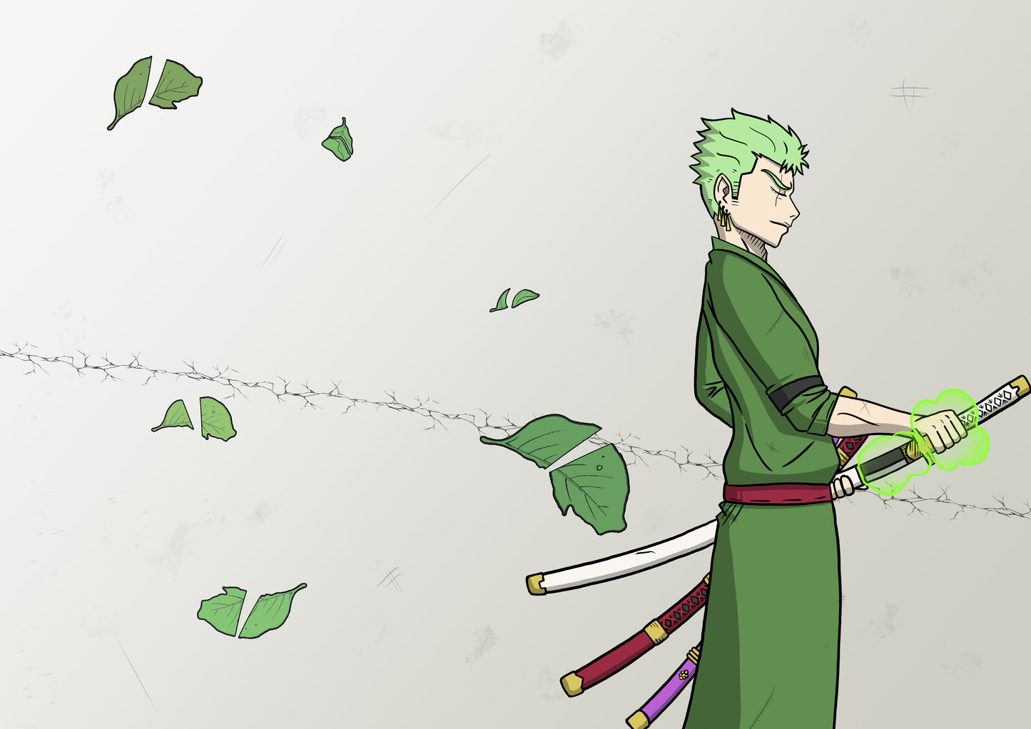 Zoro from one piece after making a slice that cut rough leafs