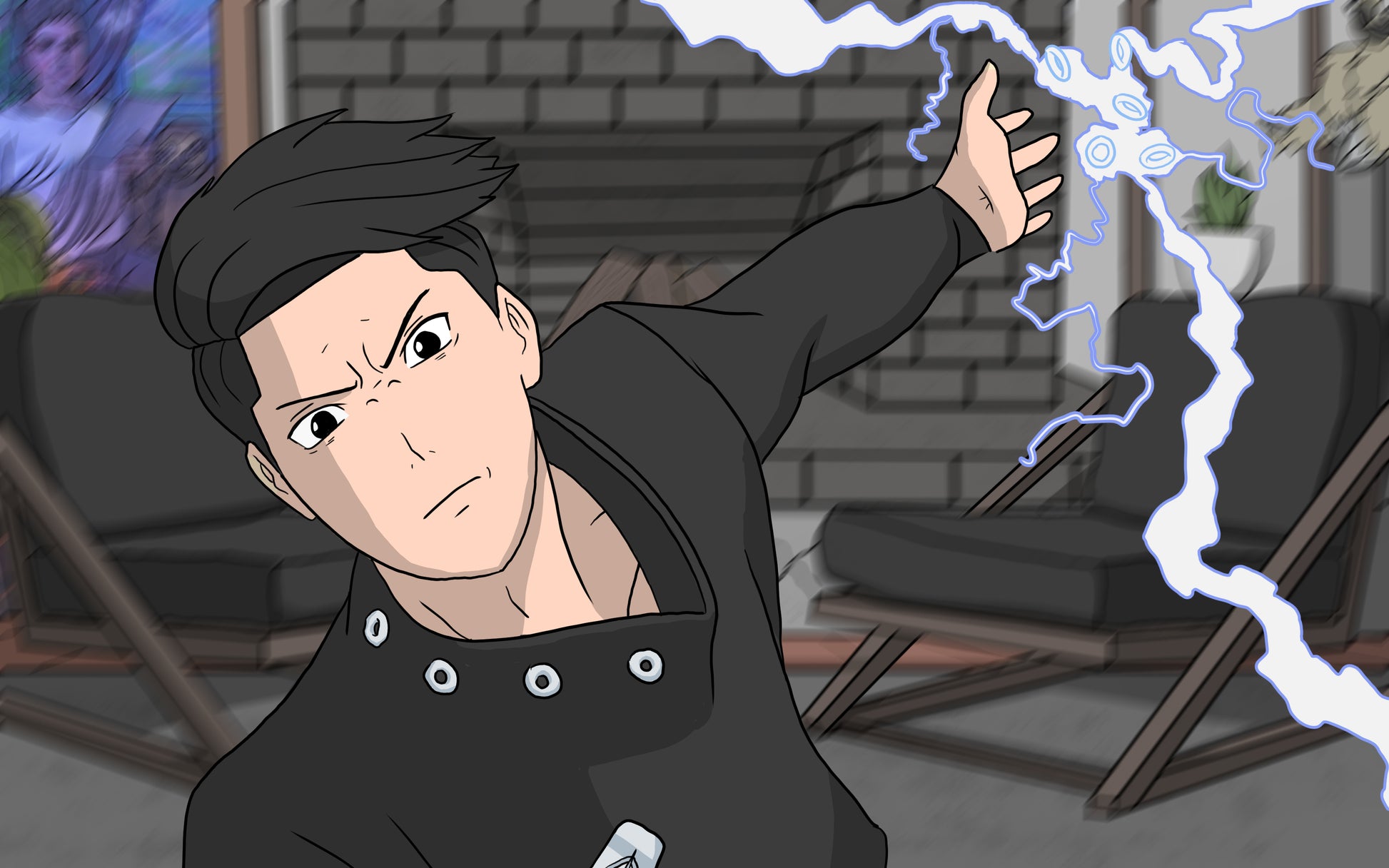 аниме готически герой правещ електрическа атака от пръстените си приличаща на чидори 